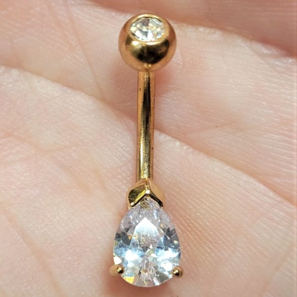 Golden Classic Teardrop Sparkle Gem Belly Button Ring - Picture 4 of 4